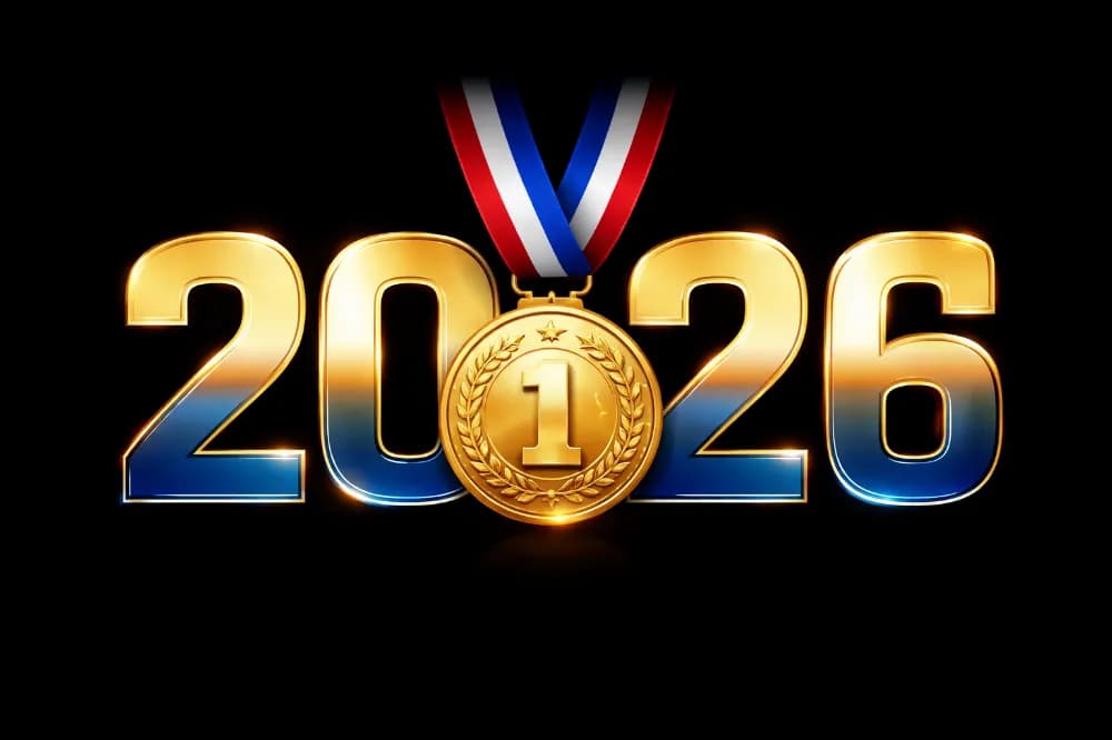 Ano novo 2026 com medalha de ouro. A imagem possui os números "2026" em dourado, com a medalha de ouro do primeiro lugar posicionada no centro, entre os números "0" e "2". A medalha tem um laço nas cores azul, branco e vermelho e apresenta o número 1 cercado por louros. O fundo é totalmente preto, destacando o brilho dourado dos números e da medalha.