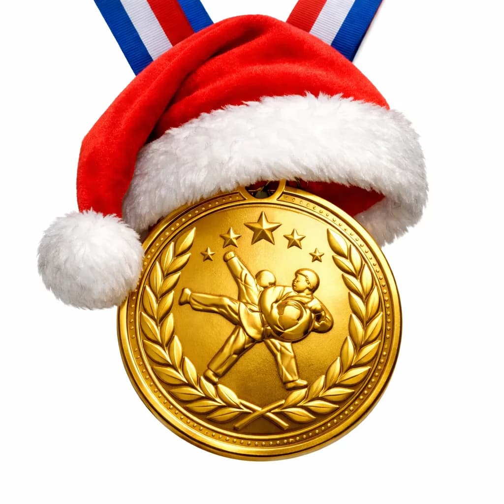 Medalha de ouro grande com detalhe de dois lutadores praticando artes marciais gravados no centro. Ela está decorada com um gorro de Papai Noel vermelho e branco na parte superior, simbolizando o clima natalino. A medalha está pendurada em uma fita nas cores azul, branca e vermelha. Ao redor do desenho central há um círculo de folhas de louro e três estrelas acima dos lutadores. Fundo branco.
