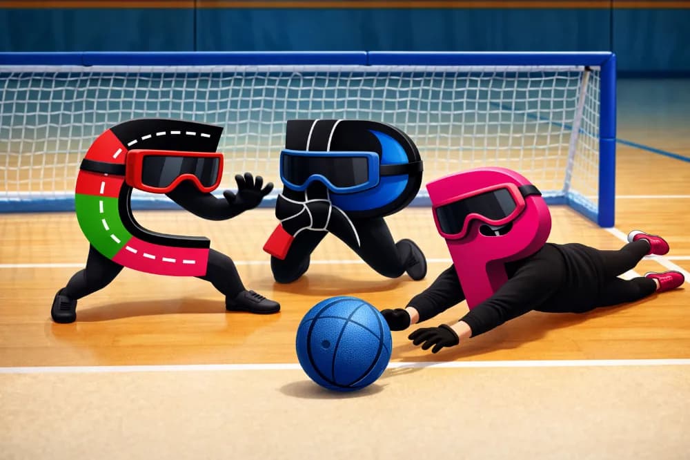 Três letras estilizadas “C”, “P” e “P” com corpos de personagem de desenho animado jogando com uma bola azul em uma quadra esportiva coberta.
A letra C está à esquerda, é grande, preta por dentro, com a borda em faixas de verde, vermelho e rosa com uma linha pontilhada branca lembrando uma estrada; ela usa óculos de proteção vermelhos e está agachada com um braço estendido para a frente.
No centro está a letra P azul, com detalhes pretos e linhas brancas, também com corpo preto e óculos de proteção azuis; ela está ajoelhada, inclinada para a frente como um goleiro.
À direita está a letra P rosa, com óculos de proteção rosas, corpo vestido de preto e tênis rosa; o personagem está deitado de barriga para baixo, esticado em direção à bola como se estivesse tentando defendê-la.