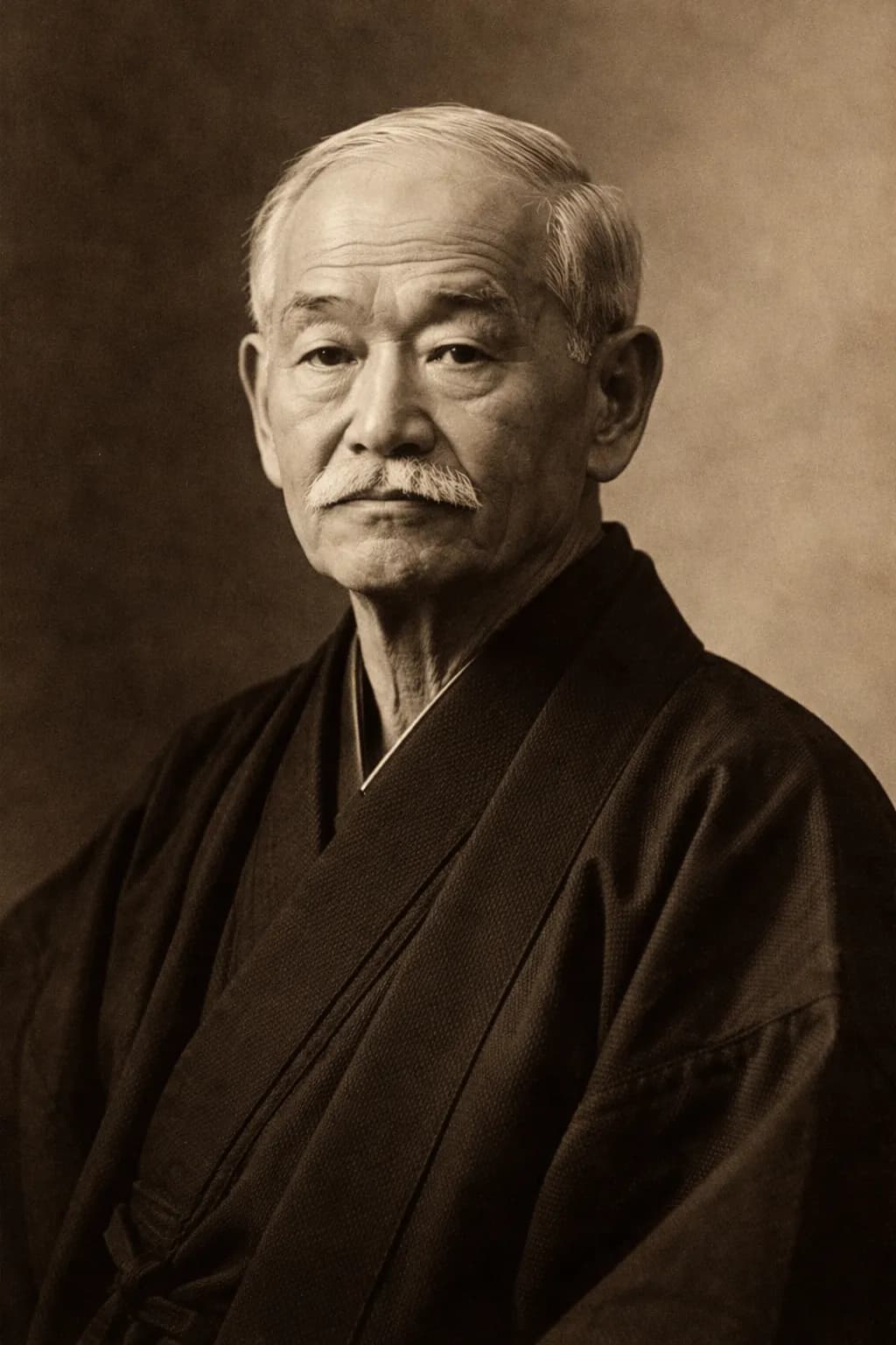 Retrato em tom sépia de Jigoro Kano. Homem japonês idoso, com cabelo curto e grisalho, bigode branco e expressão séria, vestindo um kimono tradicional, em fundo neutro desfocado.