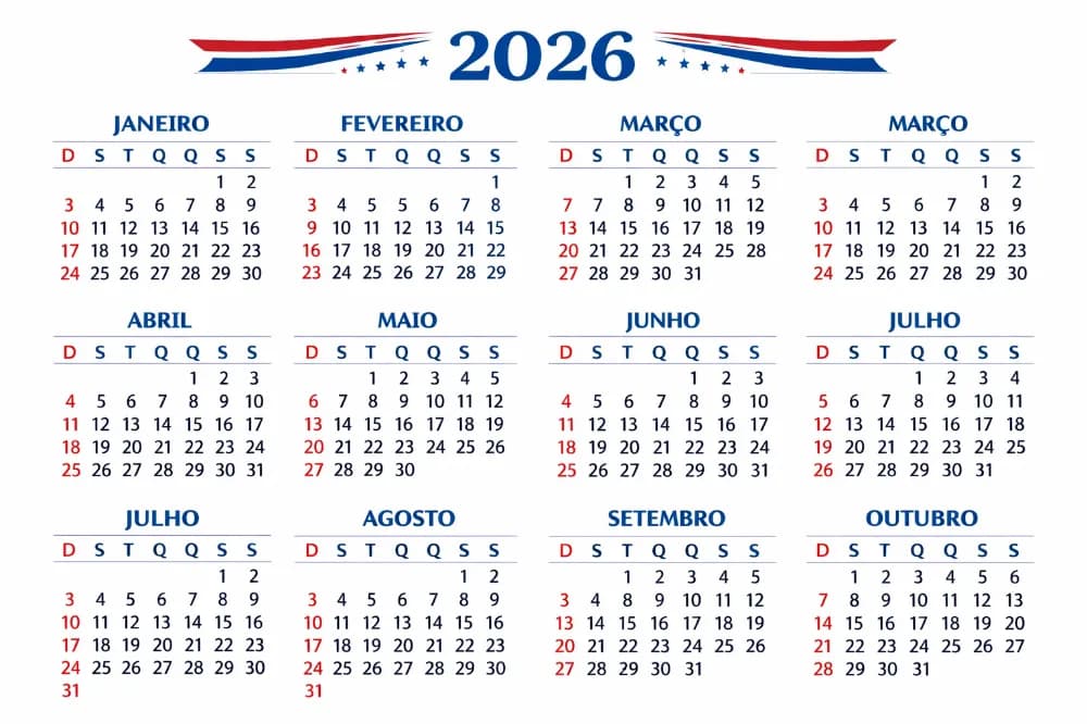 Imagem de um calendário. O calendário mostra todos os meses de 2026 em uma grade 4x3, com o ano em destaque no topo.