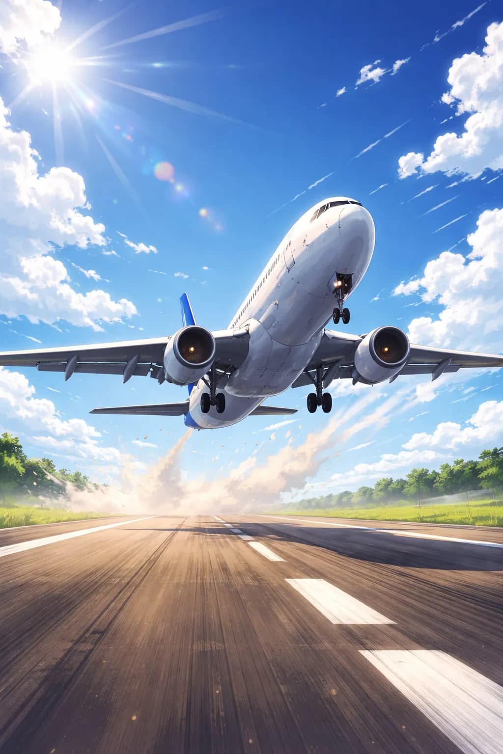 Um avião comercial branco decolando bem baixo sobre uma pista de aeroporto. A imagem é feita de baixo para cima, mostrando a barriga do avião, as duas turbinas grandes sob as asas e o trem de pouso ainda abaixado. A pista ocupa a parte inferior da imagem, com faixas brancas e textura de asfalto, e há uma nuvem de poeira ou vapor levantando atrás do avião. O céu é azul intenso com várias nuvens brancas espalhadas; o sol aparece no canto superior esquerdo com raios e reflexos de lente. Nas laterais, ao fundo, há áreas verdes com árvores e gramado.
