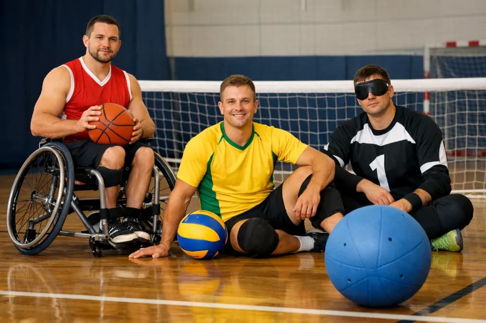 Três homens atletas posando em uma quadra esportiva coberta, sentados em frente a uma rede de voleibol baixa.
À esquerda há um homem branco, musculoso, usando camiseta sem mangas vermelha com detalhes brancos e shorts pretos, sentado em uma cadeira de rodas esportiva metálica; ele segura uma bola de basquete laranja com as duas mãos sobre o colo.
No centro, um homem branco com camiseta esportiva amarela com detalhes verdes e shorts pretos está sentado no chão com uma perna dobrada; ele usa joelheira preta e sorri, com uma bola de voleibol azul e amarela encostada à perna direita.
À direita, um homem branco veste uniforme preto com detalhes brancos e o número 1 grande no peito, calça comprida preta, munhequeira preta e tênis esportivo; ele está sentado no chão com as pernas cruzadas e usa uma venda esportiva preta cobrindo os olhos.
Na frente do grupo, em primeiro plano à direita, há uma grande bola azul de goalball com pequenos furos na superfície.